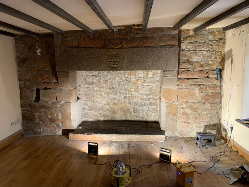 Room before restoration - wide view with work lights