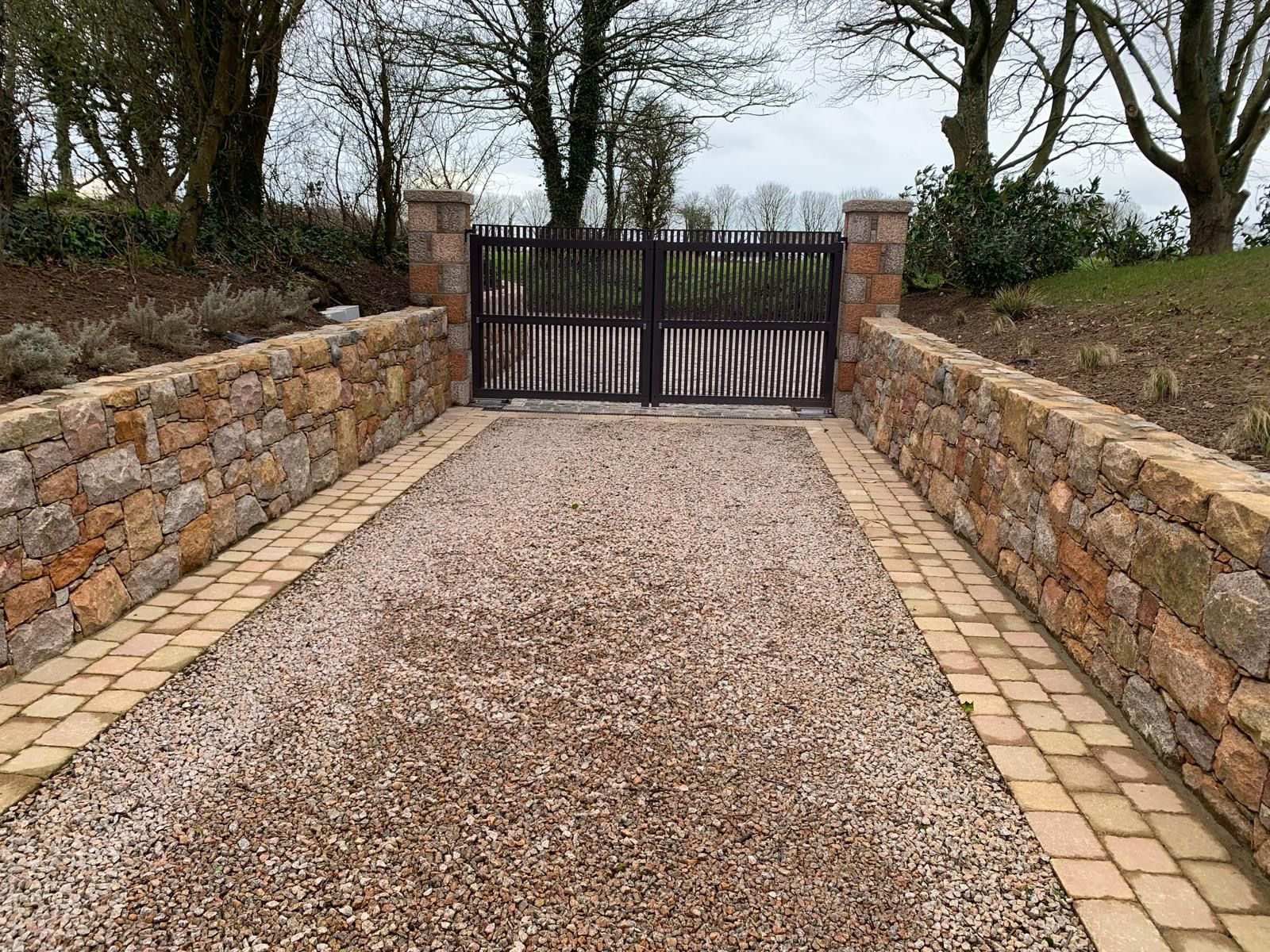 Driveway Entrance & Gate, granite & dry stone walls in Jersey